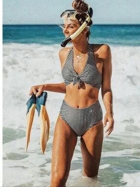 Albion Fit Black & White Gingham High-Waist Bikini Swimsuit Set Womens S